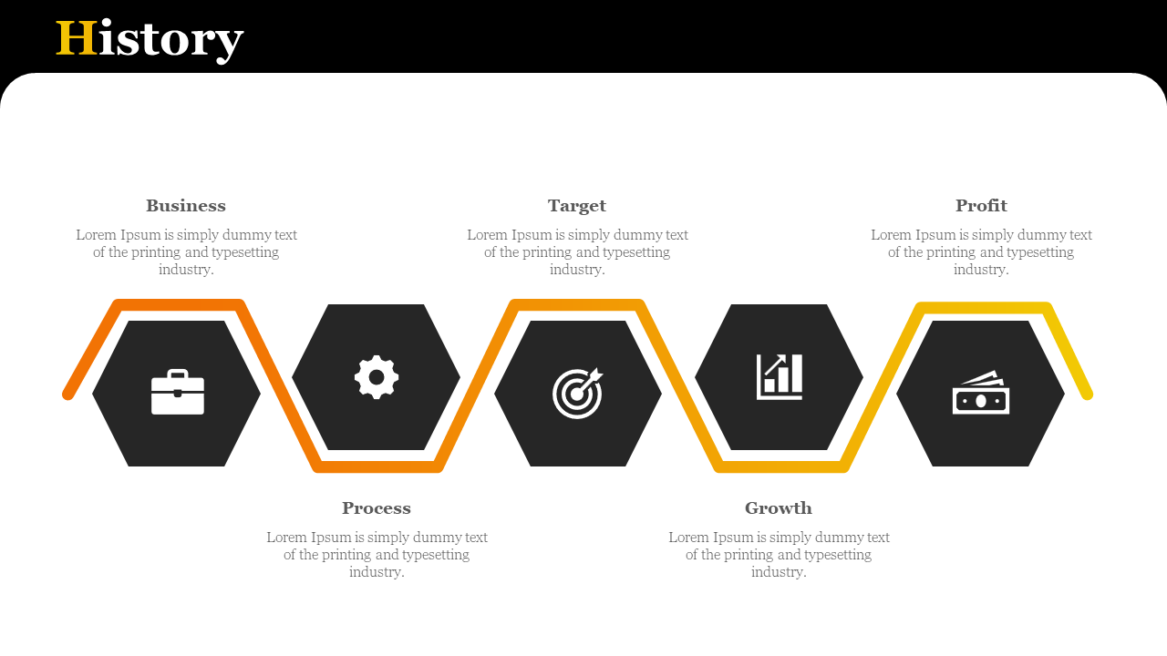 Series of five black hexagons with white icons, linked with orange and yellow gradient borders, labeled with business terms.