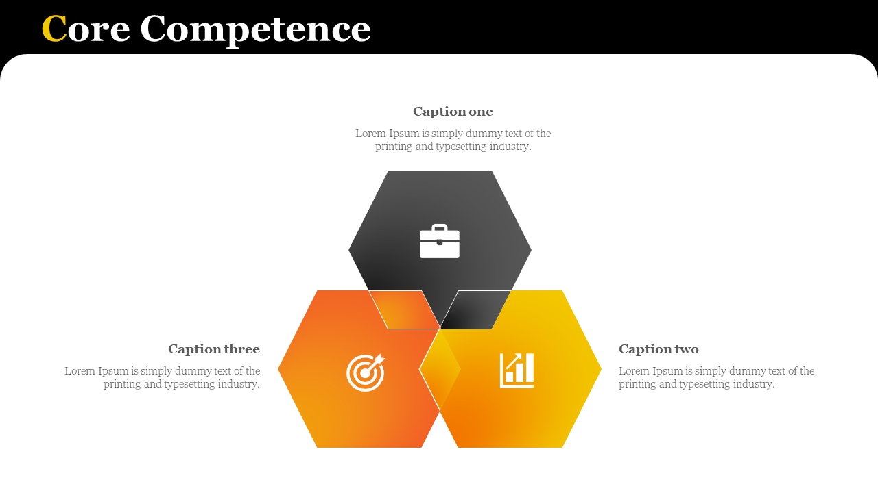 Slide showing three interconnected hexagons in black, orange, and yellow, with business, target, and performance icons.