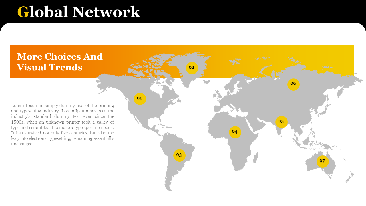 Gray world map with numbered yellow markers indicating locations, and an orange gradient bat at the top with text.