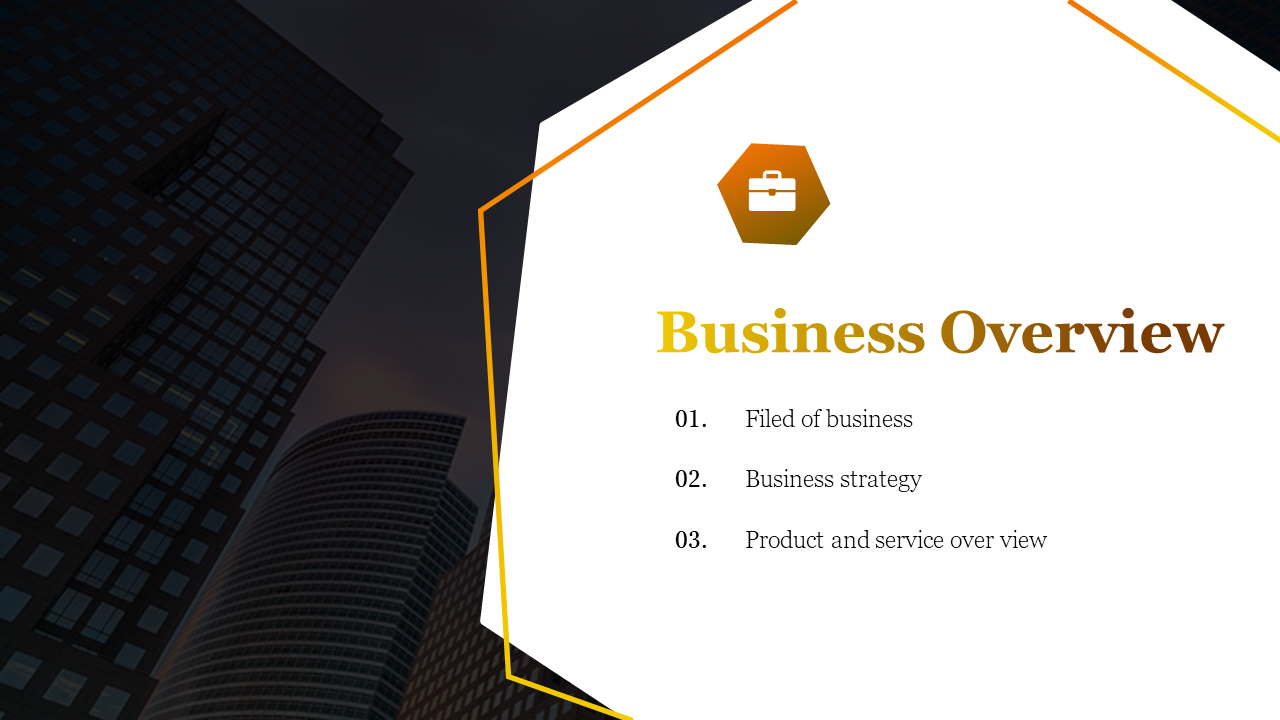 Business overview slide with a city background, orange hexagon icon, and a list of three points, on a white space.