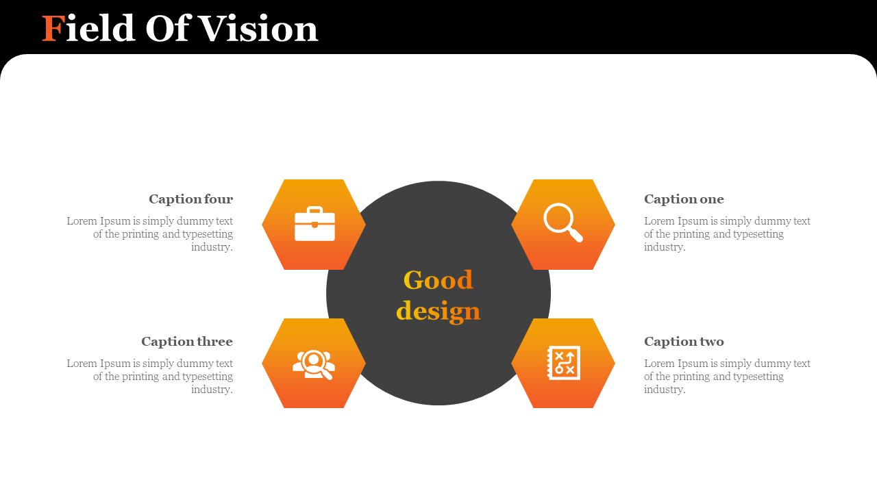 Slide with four orange hexagonal icons around a dark central circle representing business tools and concepts.