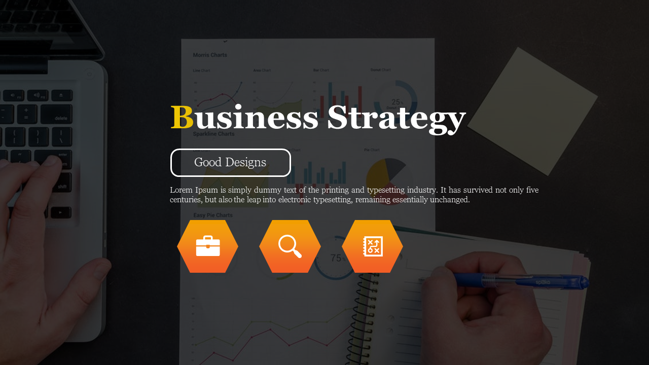 Slide featuring a dark background with a laptop, pie chart visuals, and three orange hexagonal icons with business tools.