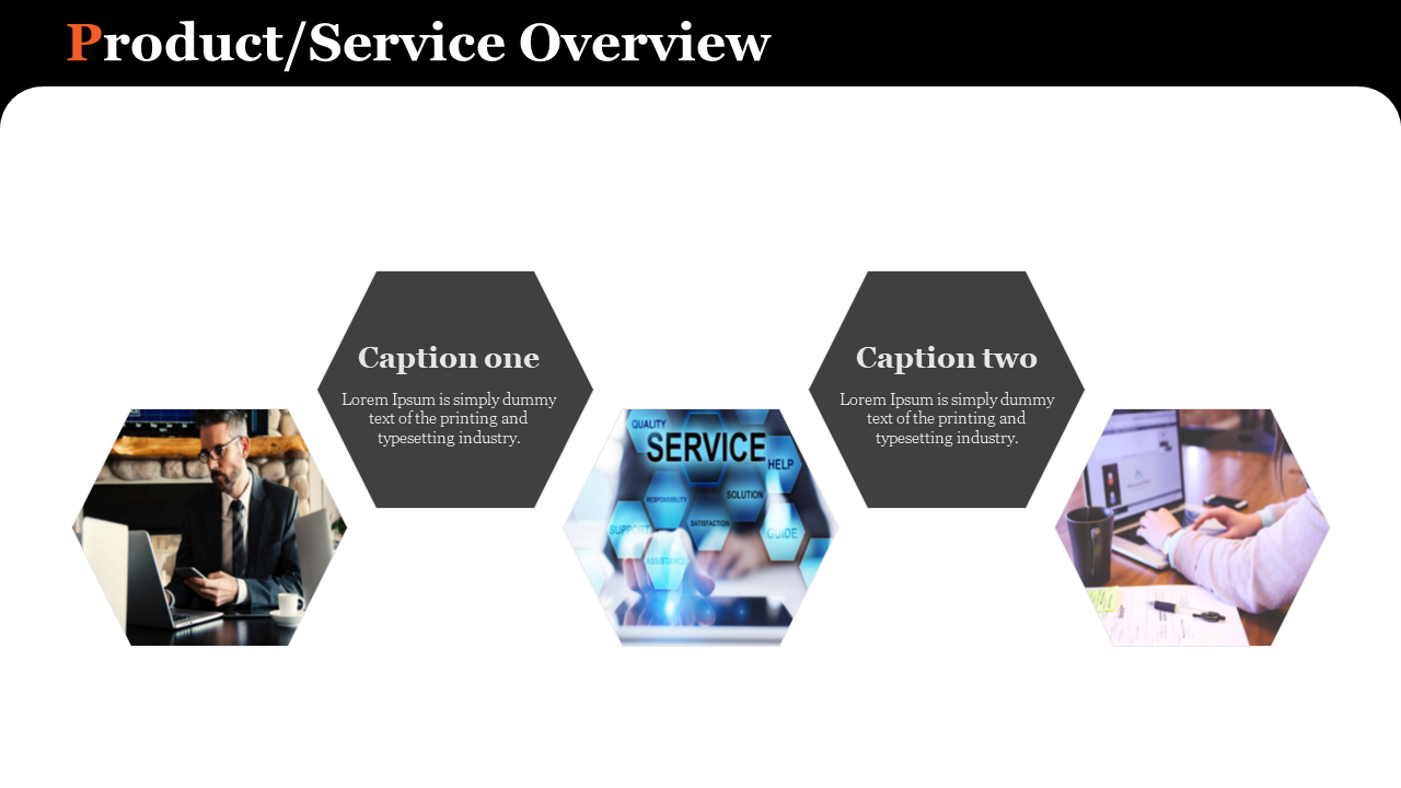 Slide with three hexagons featuring a business man, a service graphic, and a person using a computer, and two captions.