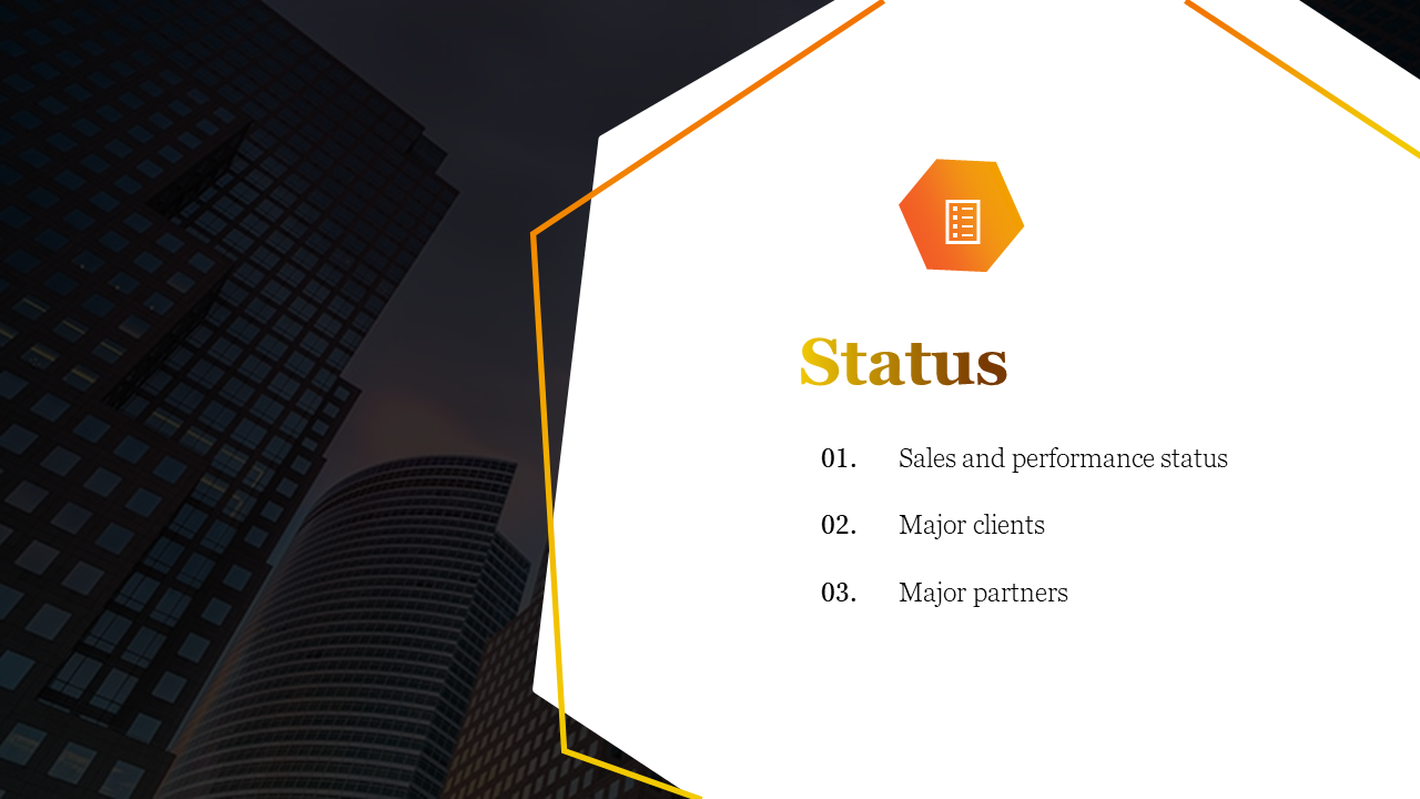 Slide with a dark city background, and an orange hexagon icon and a vertical list of three points with a white space around.
