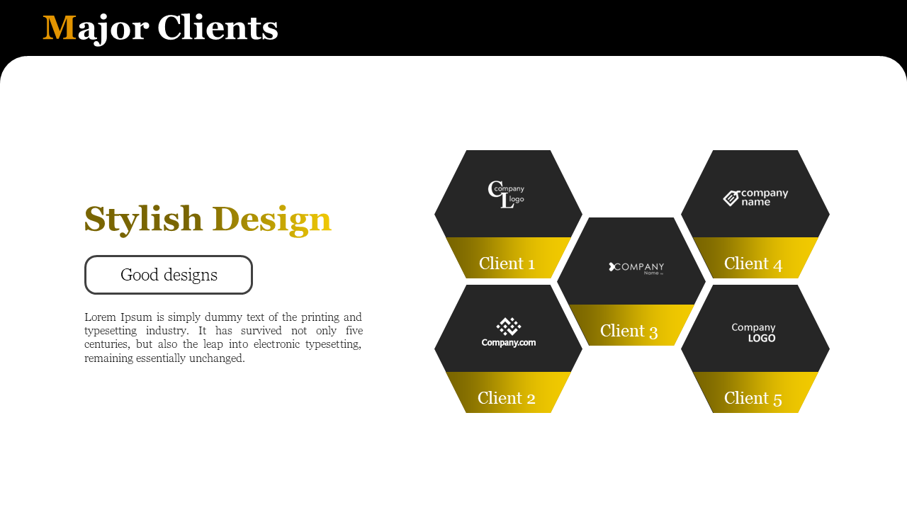 Hexagonal black and yellow client tiles on the right with text and icons, left side has title and button in white layout.