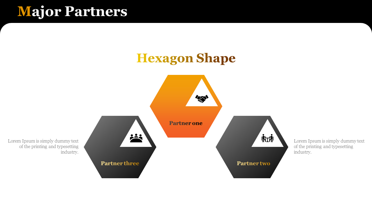 Slide showing three hexagons representing major partners in orange and gray shades, with triangular icons.