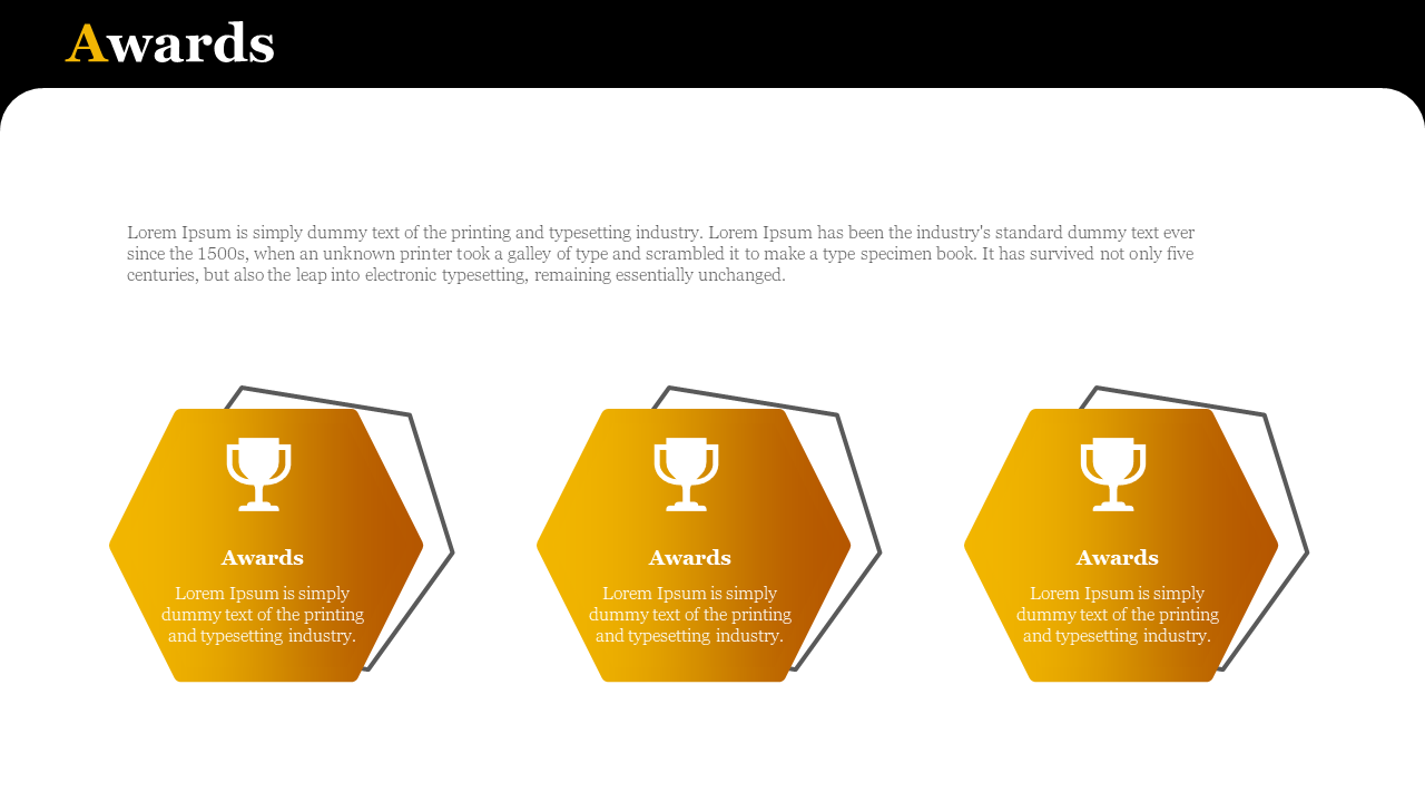 Three orange hexagonal icons in a row with a trophy symbol, set against a light background with placeholder text.
