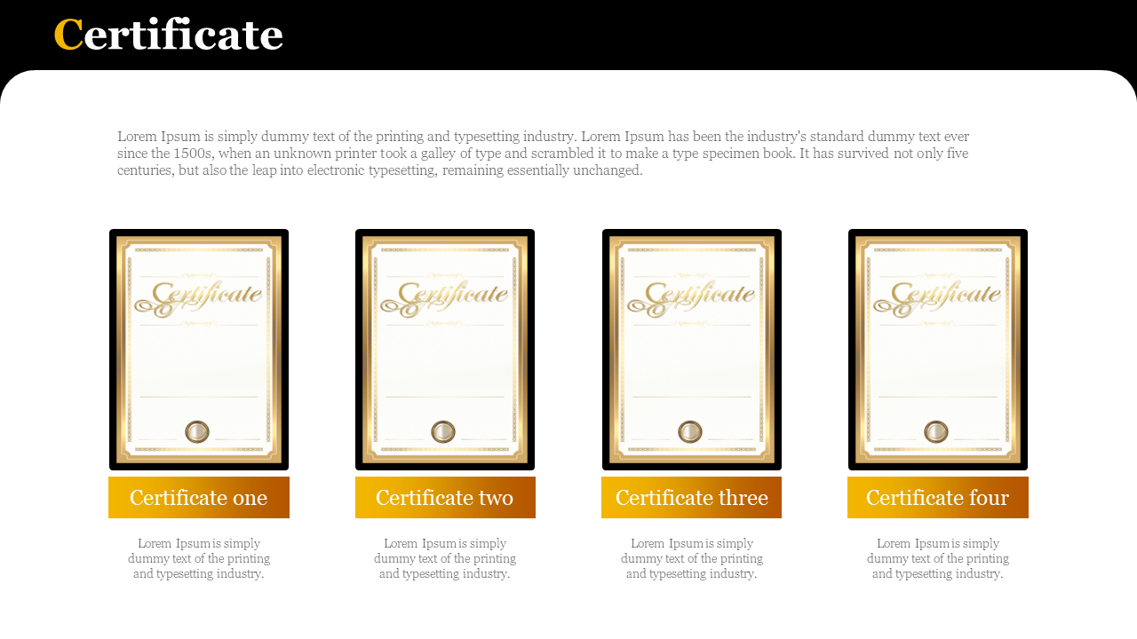 Four certificate designs shown side by side with golden accents and labels beneath, placed on a light background.