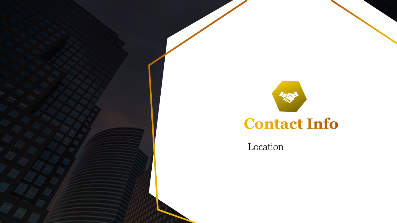 Slide with a dark cityscape background and an orange hexagon frame featuring contact and location info.