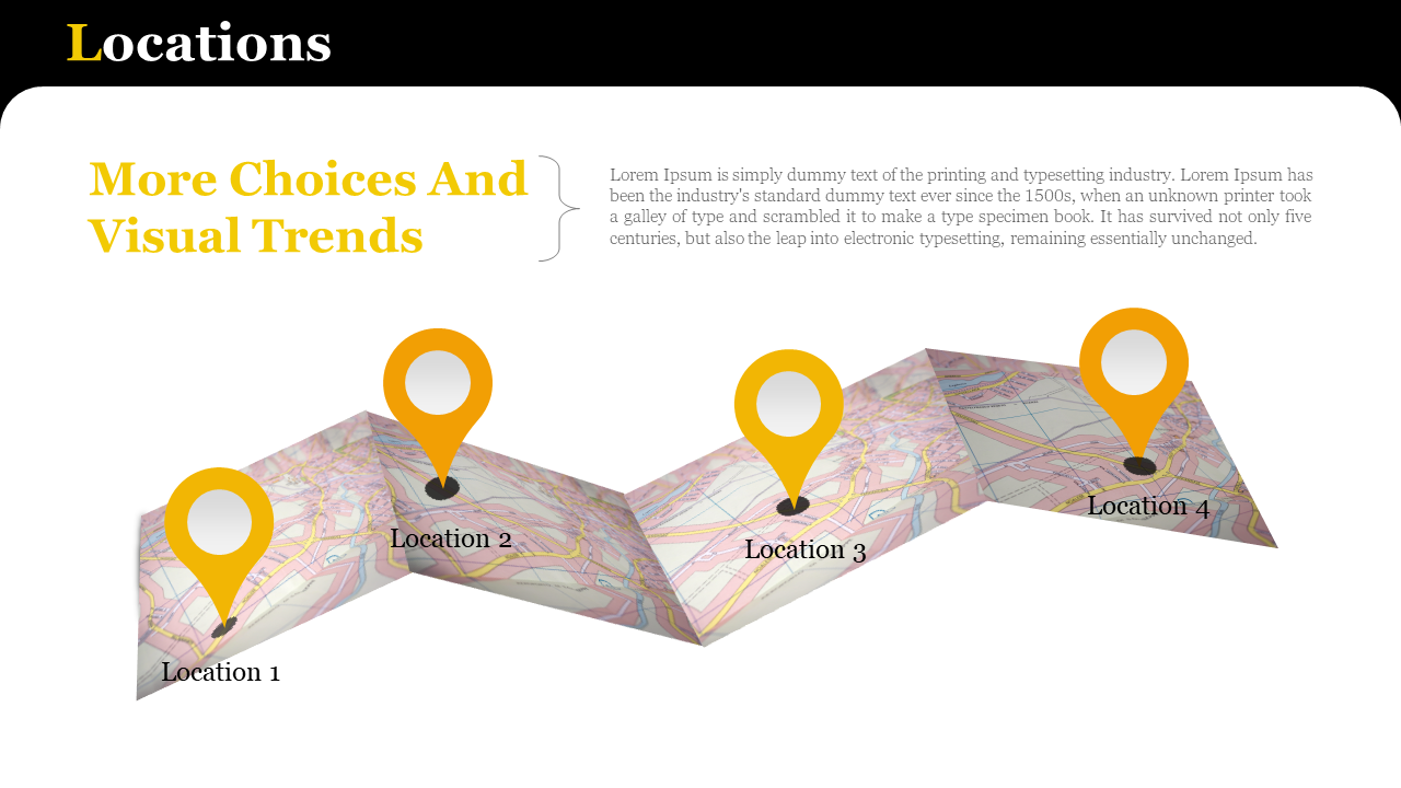 Slide showing four locations marked with yellow pins on a folded map, with the text above, on a white background.