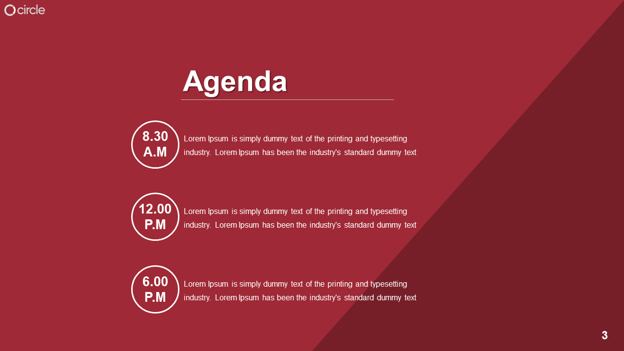 Red themed agenda slide featuring a vertical list of three time slots in circular frame with details beside.