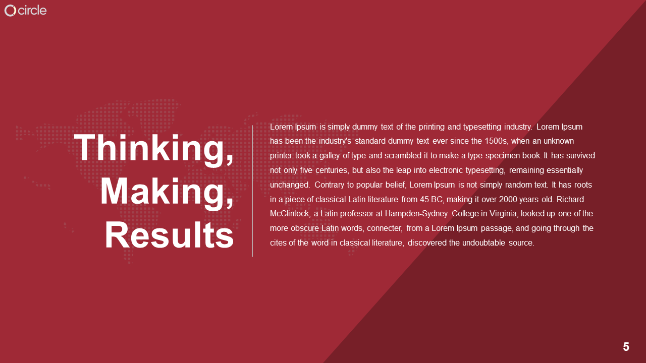 Red slide with a large title on the left and an informational text block on the right, forming a balanced design.