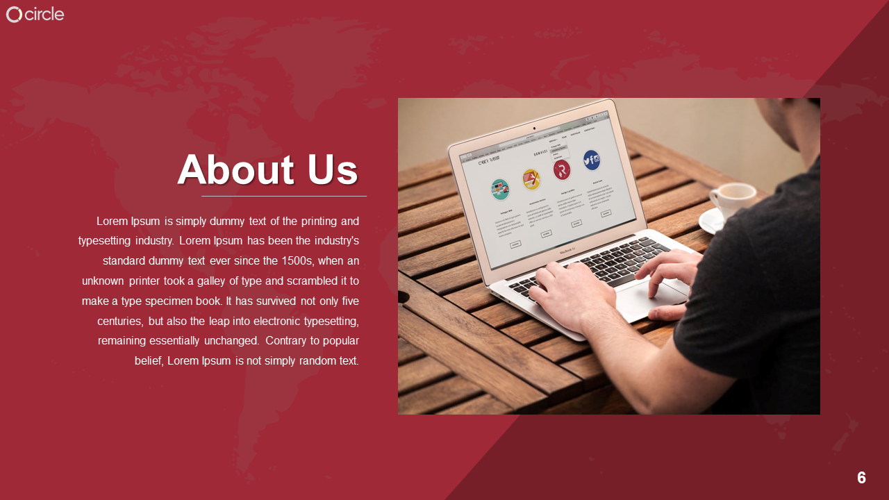 Red background with an image of a person working on a laptop, showing social media icons, and a coffee cup on a wooden desk.