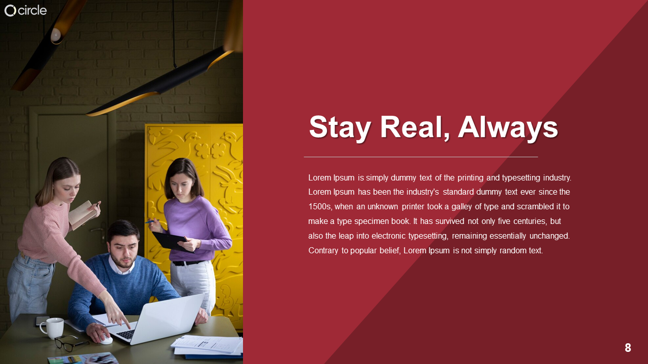 Red background with an image of three people collaborating around a laptop, set in a modern workspace with yellow wall decor.