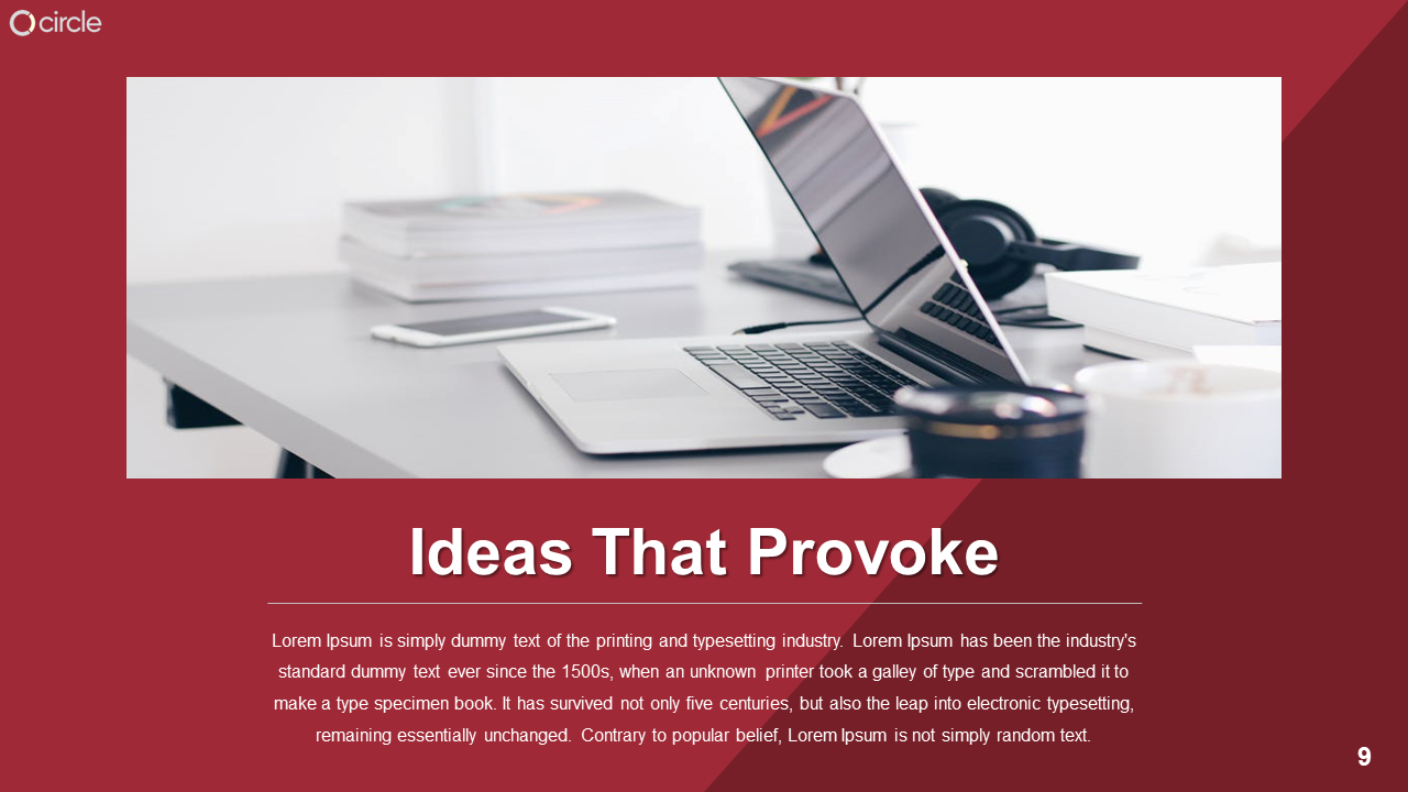 Red background with an image of a desk featuring a laptop, books, and a coffee cup, with a heading below.