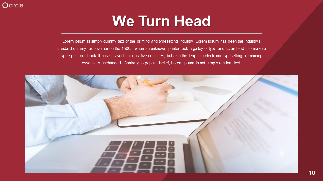 Red background with a photo of a person writing on paper while a laptop is visible, and text at the top.