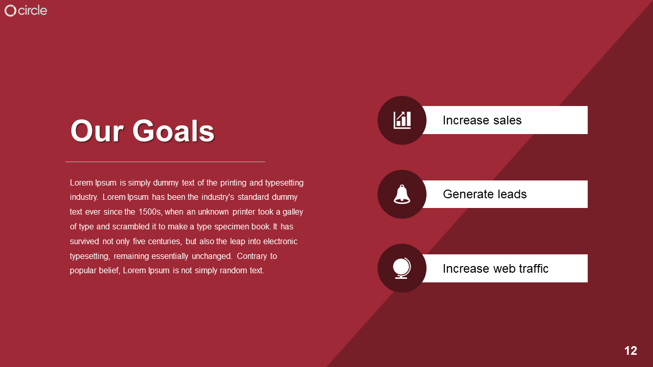 Red themed slide with three icons in circular shapes, each linked to a goal, arranged vertically with white text space.