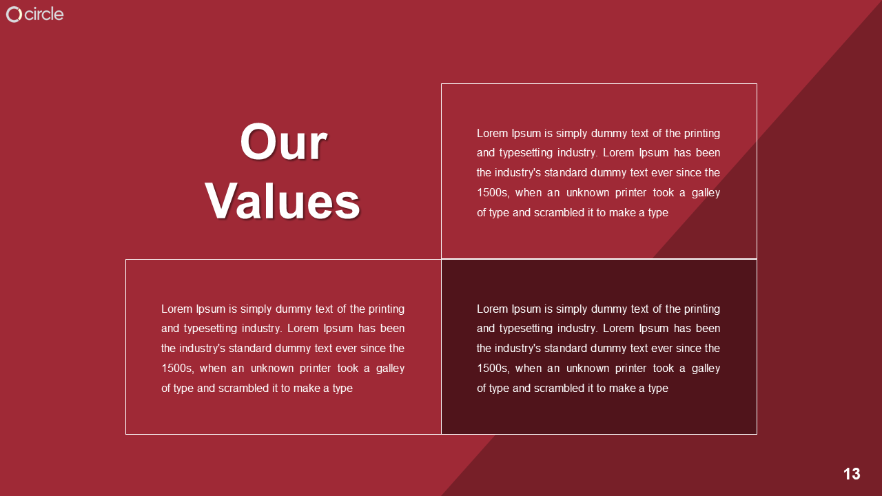Red background with three rectangular text boxes, one above the other, featuring a large heading on th left.