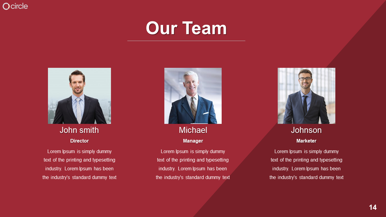 Slide featuring three team members with their roles and names displayed below each portrait on a red background.