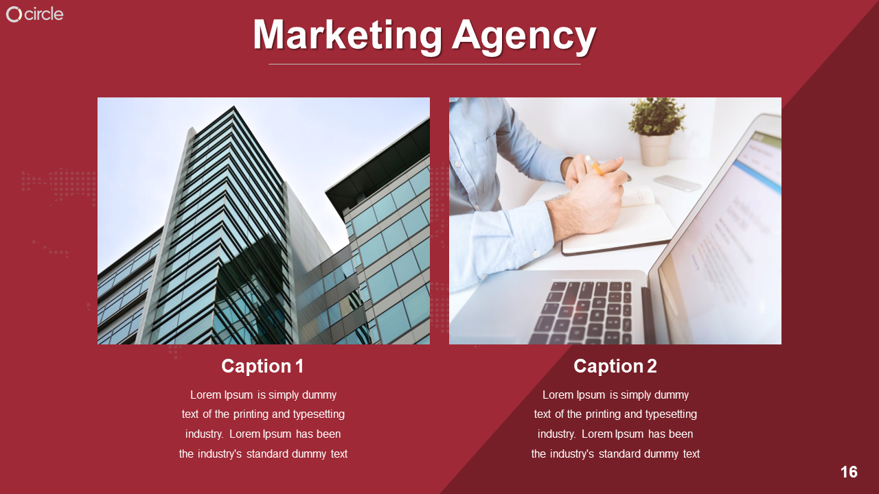 Slide showing a split layout with a modern building image and a desk scene with a laptop on the right, with captions.