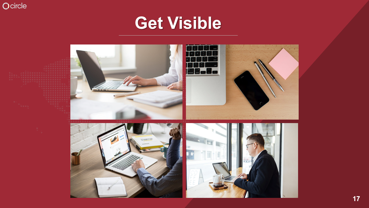 Red slide with four images of professionals working at desks, featuring laptops and workspace items like pens and phones.