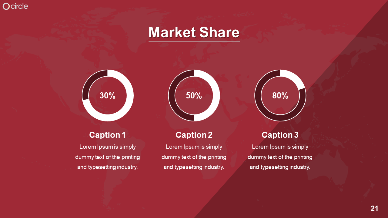 Slide with a red theme, displaying three circular progress indicators for market share percentages with captions below.