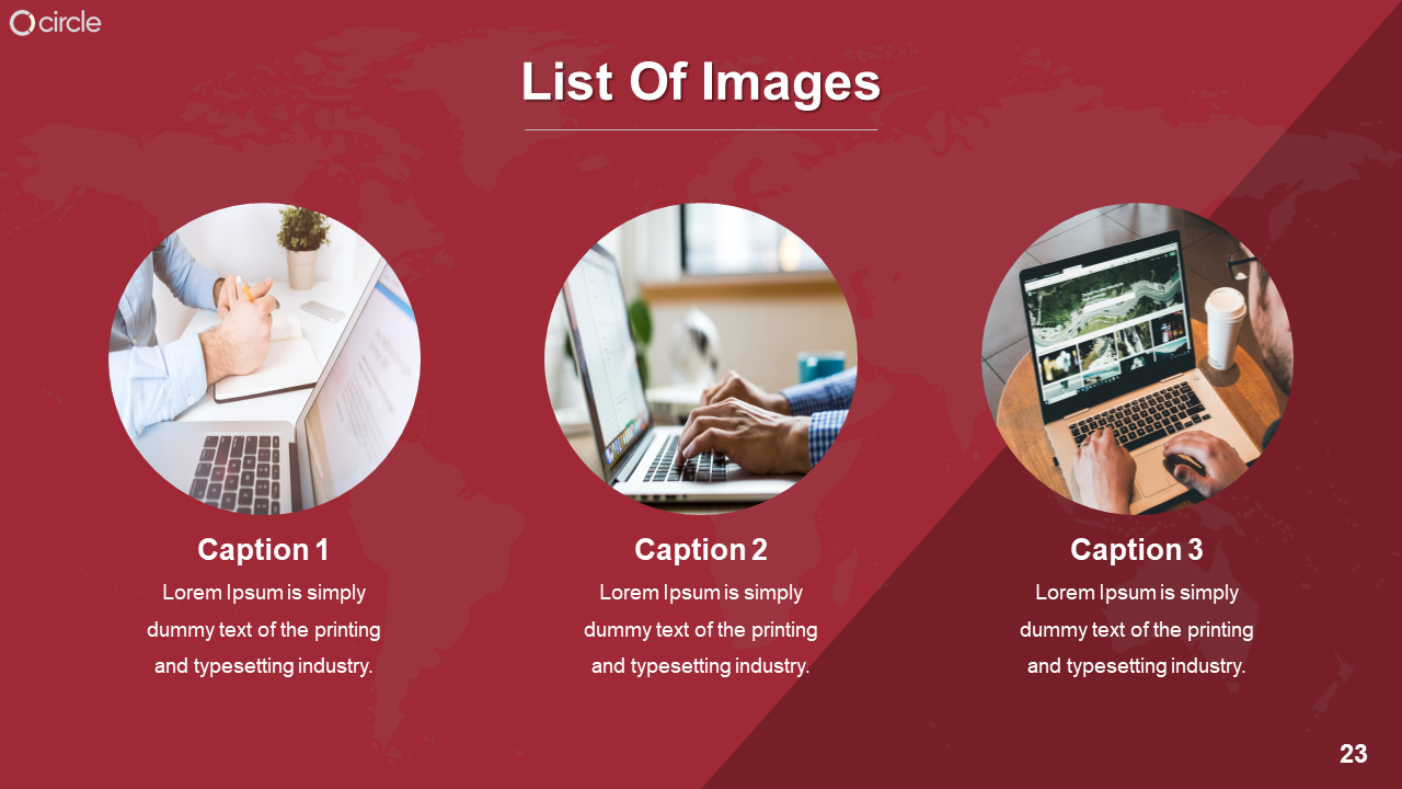 Three circular images of individuals working on laptops, set against a red backdrop with captions below.