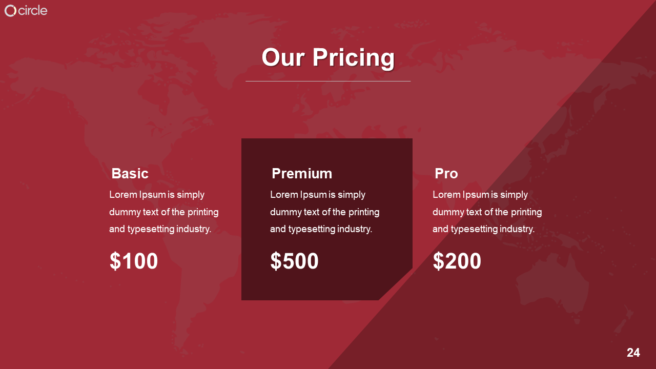 Red slide with three pricing plans, each with a price and description in separate boxes, with a world map backdrop.