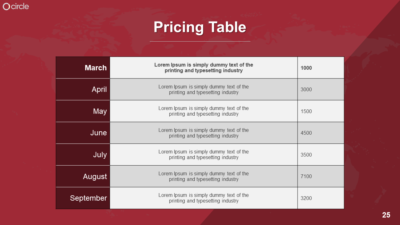 Red background with a pricing table showing monthly data, alternating white and gray row colors and figures for each month.