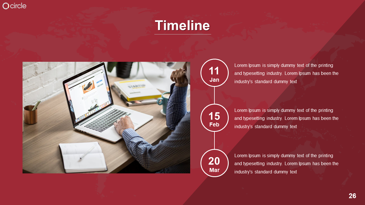 Timeline design on red backdrop with three vertical circular date icons and a person using a laptop on a wooden desk.