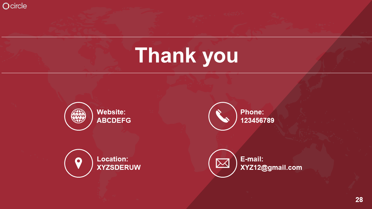 Red background with white circular icons for contact info, showcasing world map outline in the background.