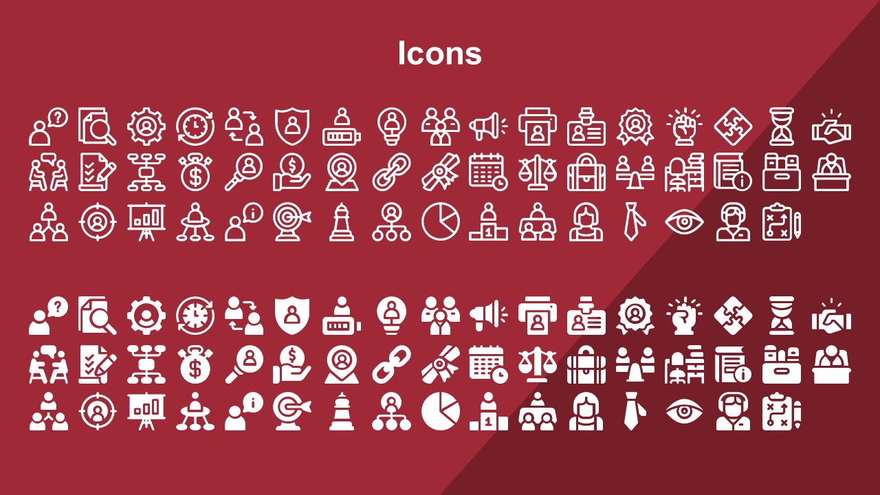 Red slide showcasing various white outlined an solid icons related to business operations, communication, and strategy.