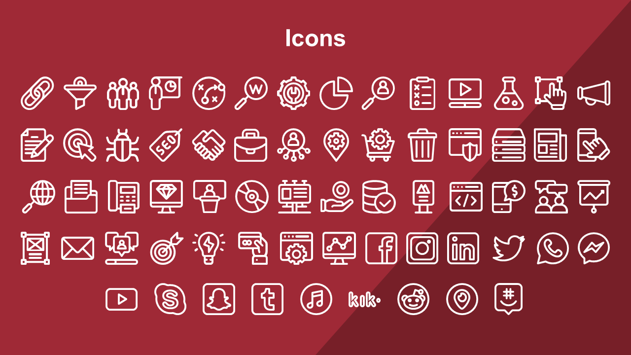 Collection of white outline icons on a red backdrop, including business, social media, and tech related symbols.
