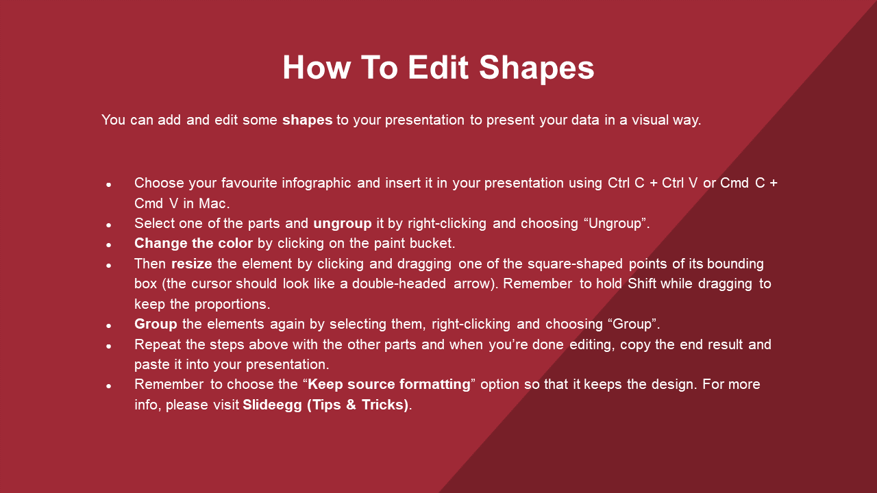 Guide on editing shapes with red background, including instructions for resizing and grouping elements, with tips and links.