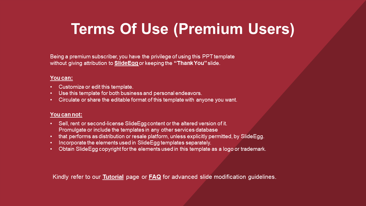 Terms of use slide with a red theme, detailing allowed and prohibited actions for premium users with links and FAQ page.