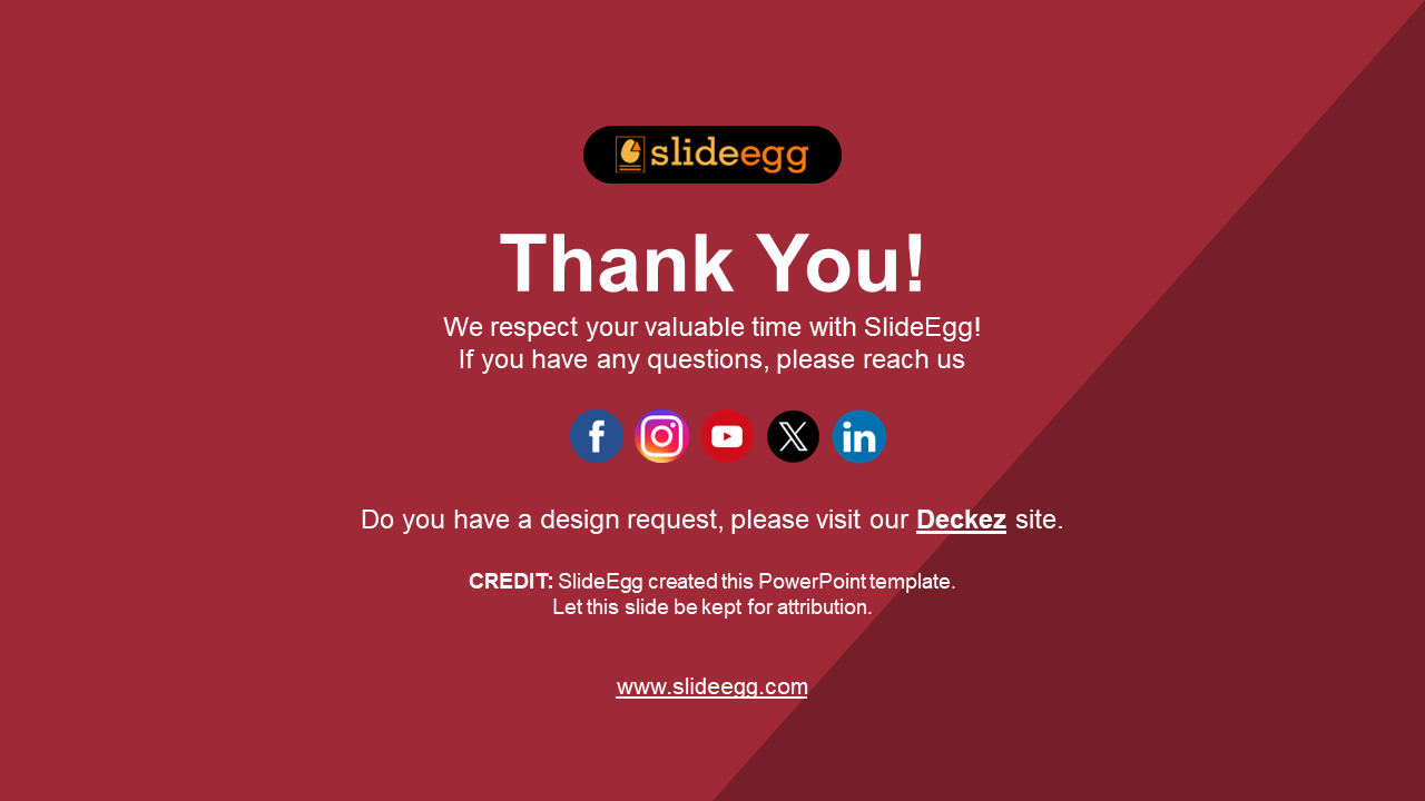 Thank you slide with red background, featuring social media icons, and attribution message at the bottom with a website link.