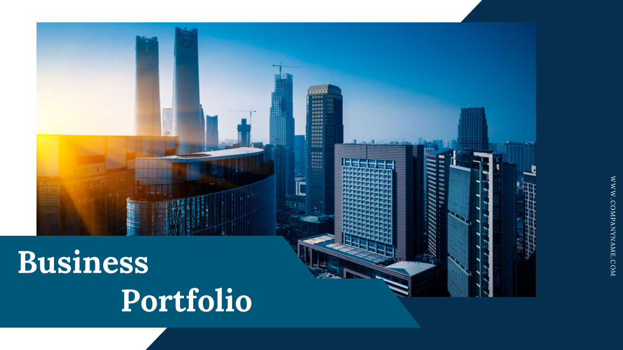 Skyline of a city with buildings and construction, with the text business portfolio on the bottom left on a blue theme.
