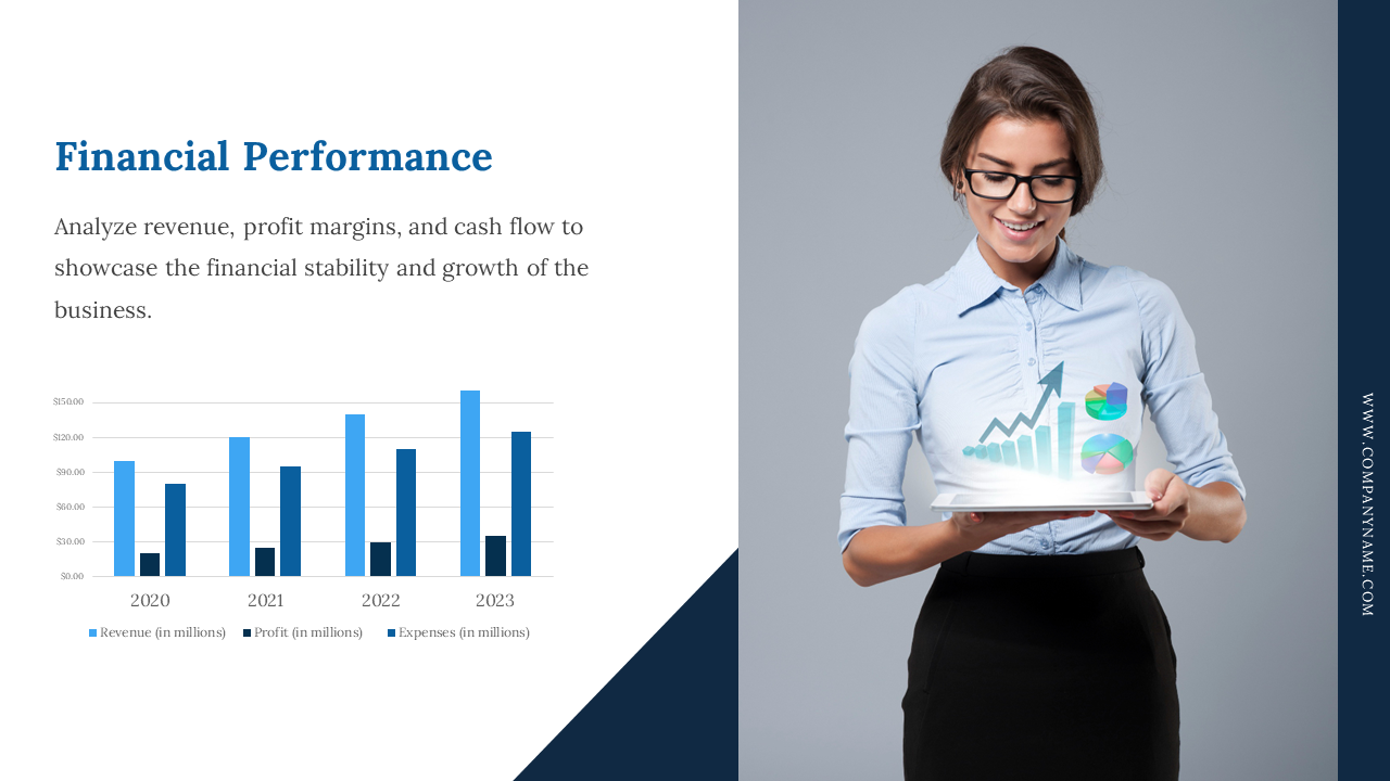 Female professional holding a tablet with virtual charts and graphs in front of a bar chart showing financial data.