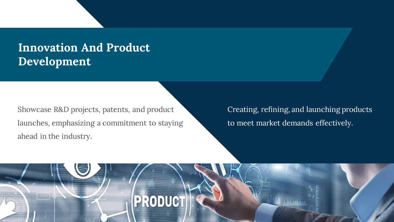 A businessman pointing at a digital screen with product development icons and data visualizations on a blue backdrop.