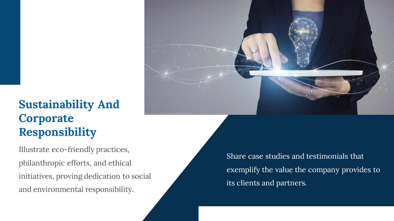 Businesswoman holding a tablet with a glowing lightbulb highlights corporate responsibility and sustainability on blue theme.