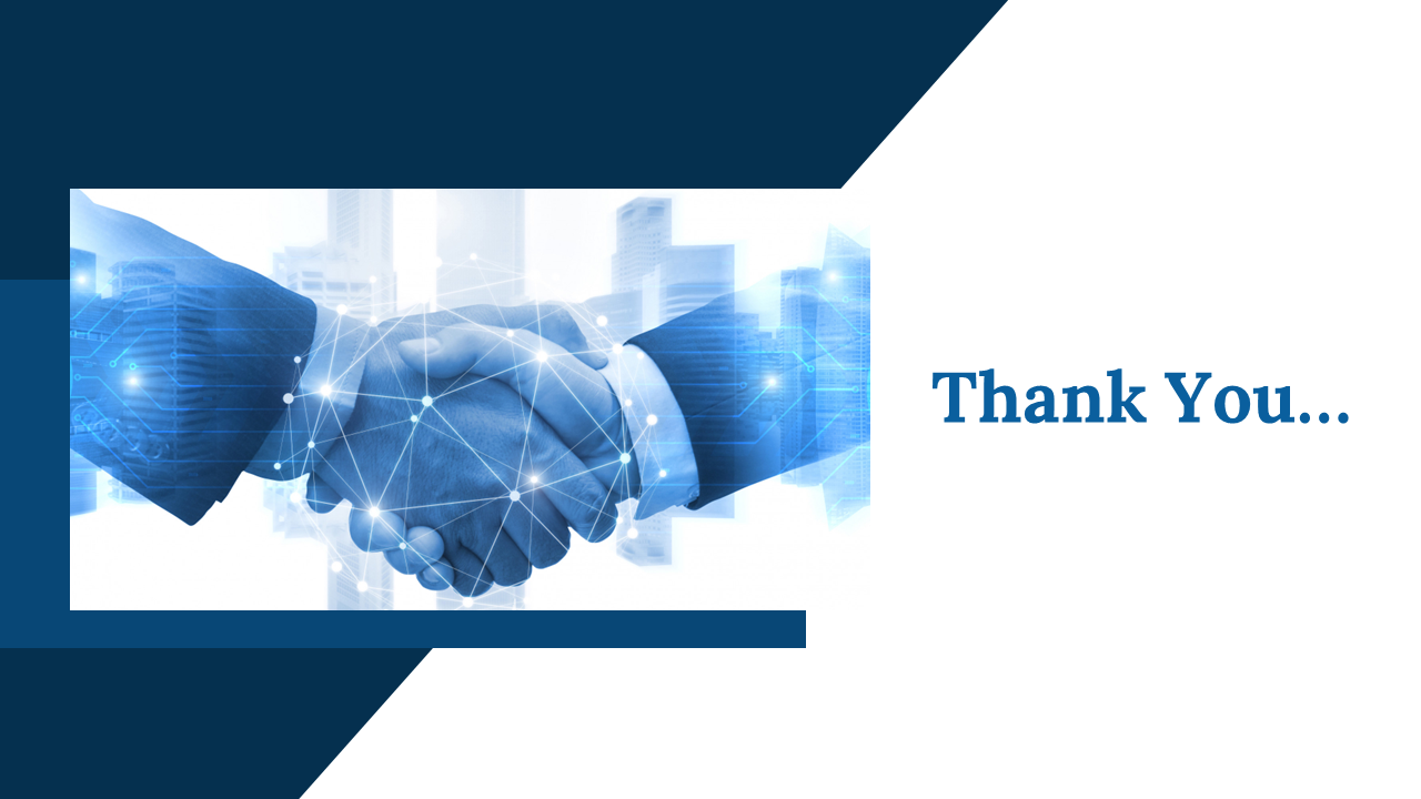 A digital handshake with a blue background and cityscape, accompanied by the words thank You.
