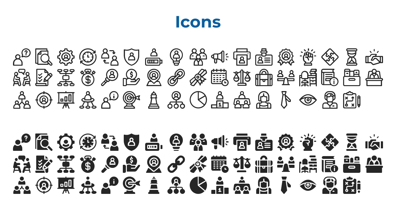 A collection of various icons representing business concepts such as collaboration, planning, analysis, and security.