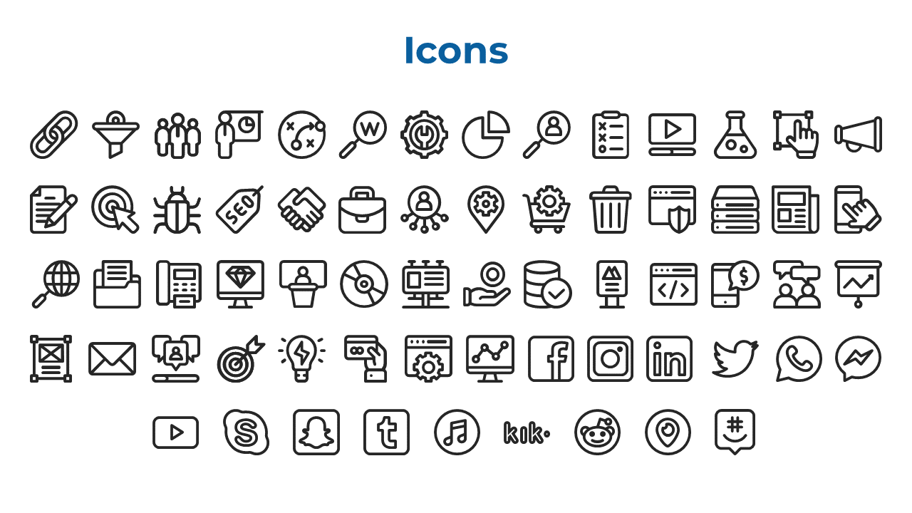 A series of black and white icons, showcasing various digital and social media concepts like email, video and search engines.