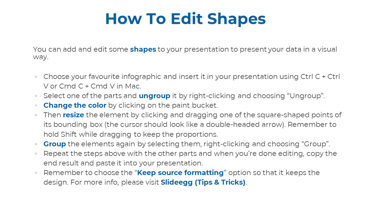 Step by step guide on editing shapes in a presentation, including tips on ungrouping, resizing, and grouping elements.
