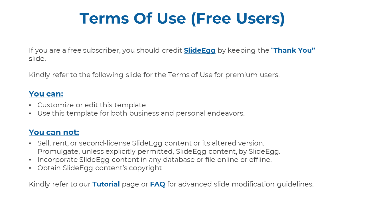 Terms of Use for free users of SlideEgg, outlining customization rights and restrictions on a white backdrop.