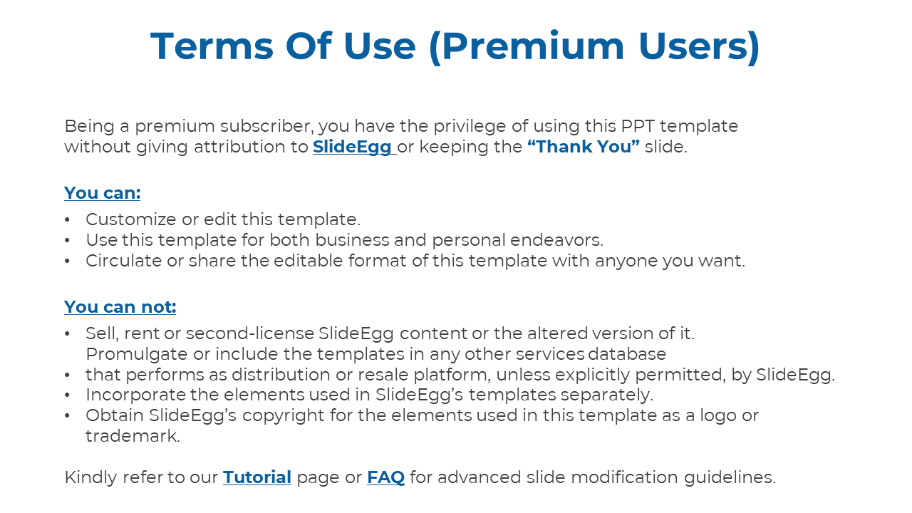 Terms of Use for premium SlideEgg users, outlining customization rights and the ability to share and circulate templates.
