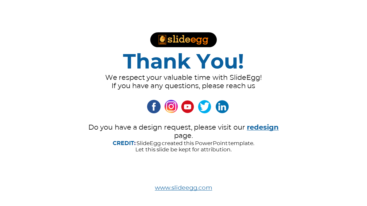 Thank you slide from SlideEgg with social media icons, contact details, and a note on crediting the PowerPoint template.