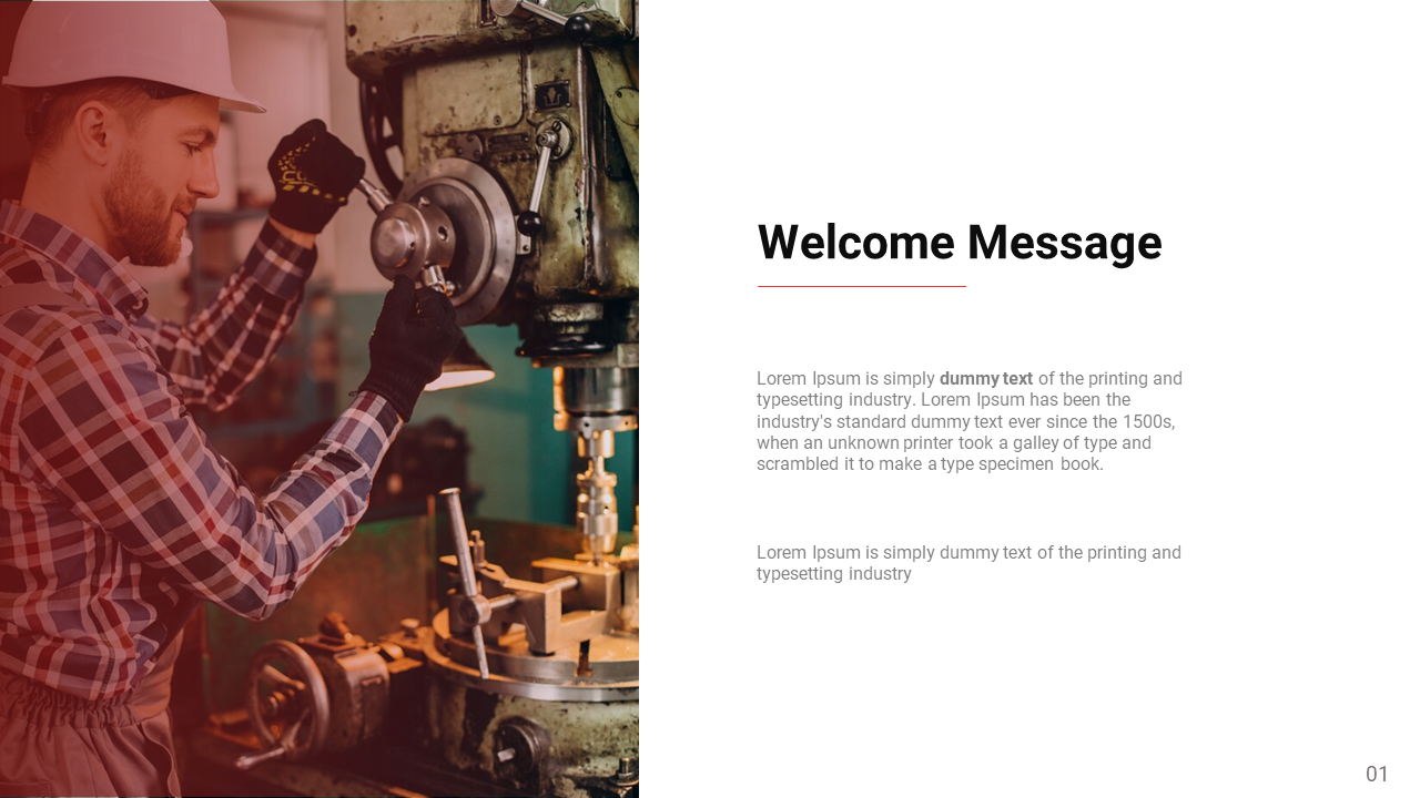 Industrial scene featuring a man operating machinery with red overlay effect, and welcome message on the right white space.