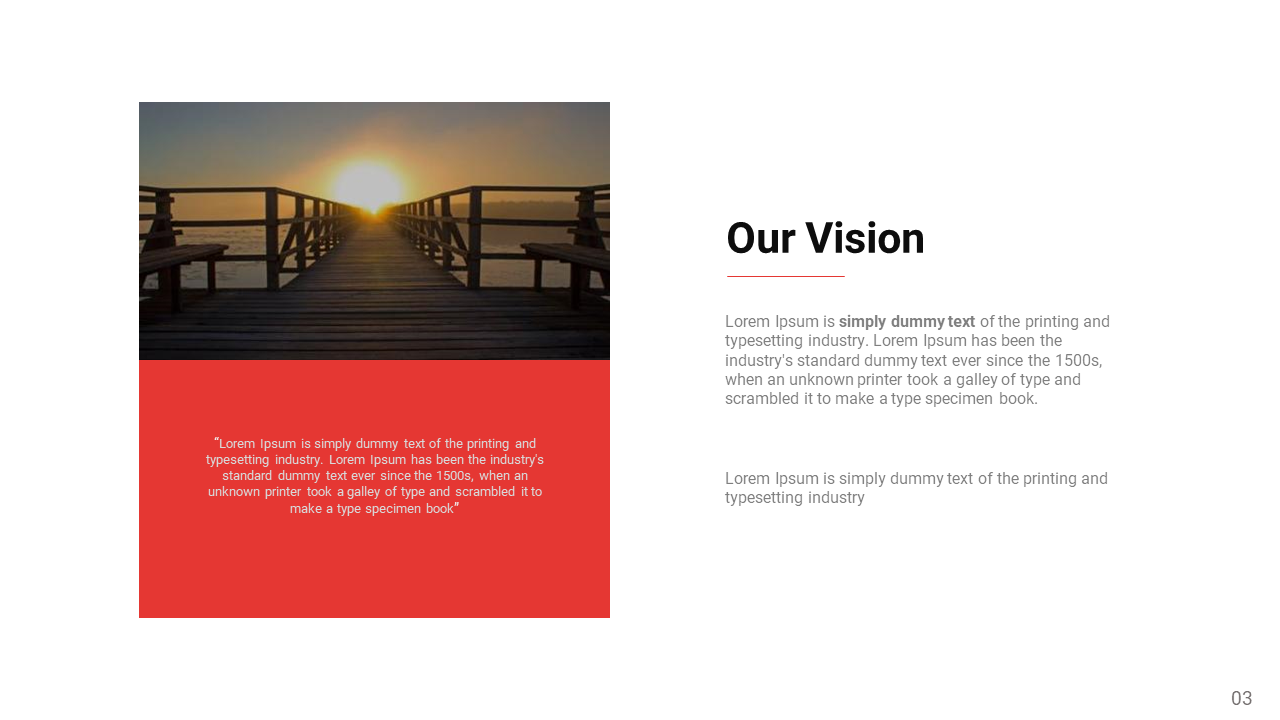 Vision slide with a sunset view over a pier, and red panel containing quote at the bottom and text on the right.