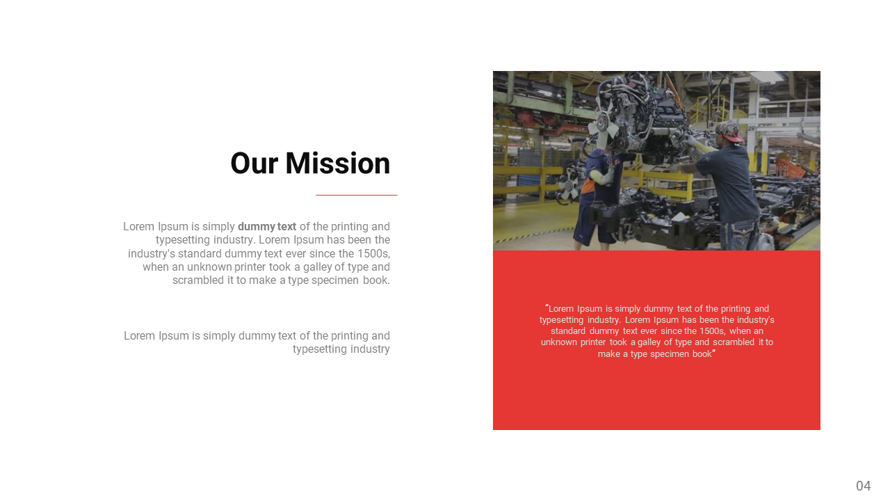 Mission slide showing a factory setting with assembly work on the right and a red panel with text below.